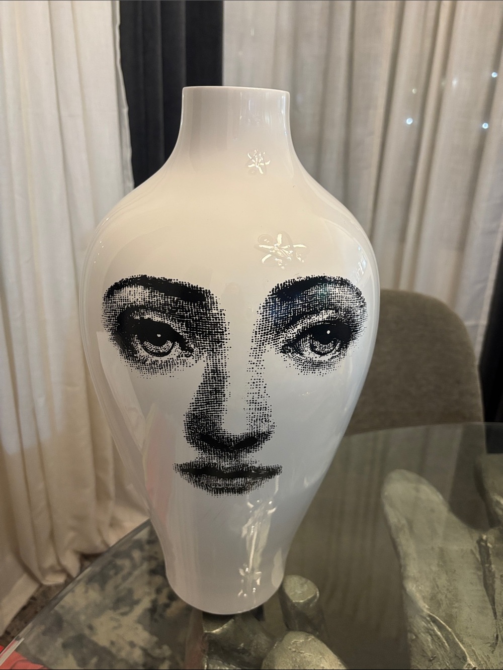Fornasetti White Porcelain Vase with Black Face Motif